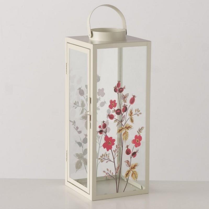 Lanterna in metallo e vetro decorata con rosa canina, ideale come decoro autunnale